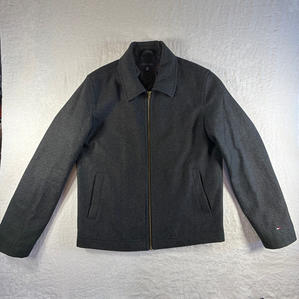 Tommy Hilfiger Jacket Mens L Charcoal Gray Wool Blend Quilted Lined Full Zip